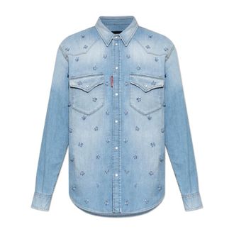 Dsquared2 Denim Shirts, male, Blue, Size: 4XL Denim Shirt With Shimmering Embellishments