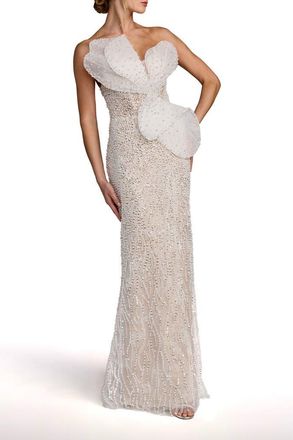 Mac Duggal Sequin Organza Strapless Bow Detail Column Gown in Ivory Nude at Nordstrom, Size 12