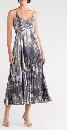 Nicole Miller Metallic Floral Empire Waist Pleated Midi Dress in Spring Black Metallic at Nordstrom Rack, Size 10