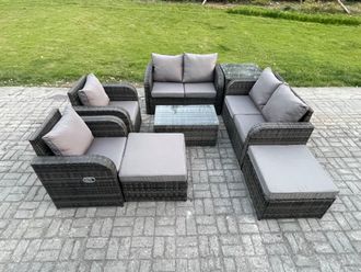 Fimous 8 Seater Rattan Garden Furniture Set Patio Outdoor Lounge Sofa Set with Rectangular Coffee Table 2 Big Footstool Love Sofa Side Table