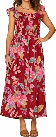 Democracy Ruffle Cap Sleeve Smocked Waist Floral Woven Dress In Deep Scarlet Sage Multi