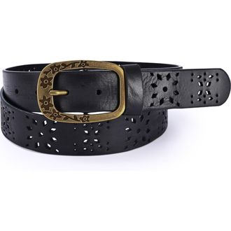 OLD TREND Blooming Genuine Leather Perforated Floral Vintage Belt in Black at Nordstrom, Size Medium
