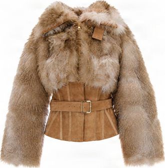 Elisabetta Franchi Camel Cropped Faux Fur Belted Jacket