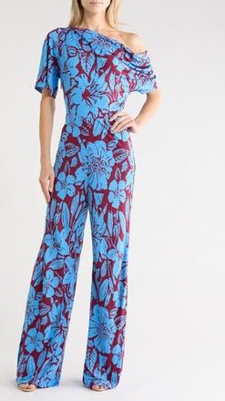 Diane Von F&uuml;rstenberg Wittrock Floral One-Shoulder Short Sleeve Jumpsuit in Iliad Floral Medium Burg at Nordstrom Rack, Size Xx-Small