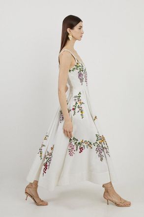 Karen Millen Womens Floral Embroidered Cotton Linen Woven Prom Dress - Size 10 UK