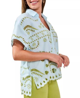 Tribal Embroidered Pull On Blouse In Green