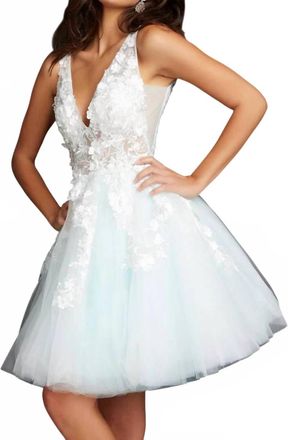 Jovani Floral Appliqued A-Line Cocktail Dress In Off White/light Blue