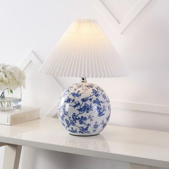 Jonathan Y Designs Shishen Cottage Classic Chinoiserie Ceramic Orb LED Table Lamp with Pleated Shade in White/blue at Nordstrom