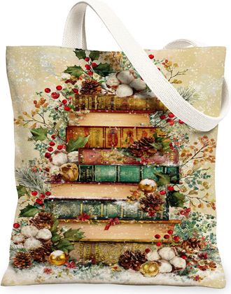 Generic Christmas Vintage Floral Canvas Tote Bags, Books Pattern Reusable Grocery Bags, Lightweight Washable Shoulder Strap Canvas, Beige, 13x15 Inch