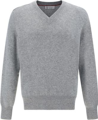 Brunello Cucinelli Light Grey Cashmere V-Neck Sweater, Brand Size 54 (US Size 44)