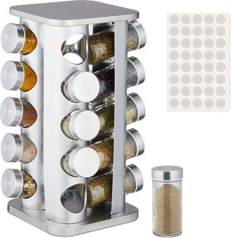 Relaxdays Relaxdays Portaspezie Da Cucina, 20 Barattoli 40 Etichette, Girevole A 360&deg;, Acciaio Inox E Vetro 33,5x20x20 Cm, Argento