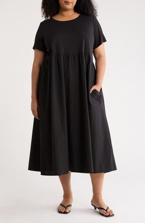 Eileen Fisher Mixed Media Organic Cotton Midi Dress in Black at Nordstrom, Size 3X