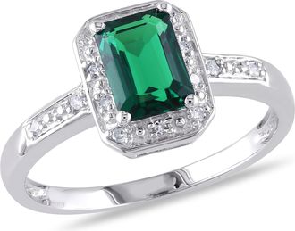 Mimi & Max Womens 7/8ct TGW Emerald Cut Created Emerald and Diamond Accent Ring in Sterling Silver