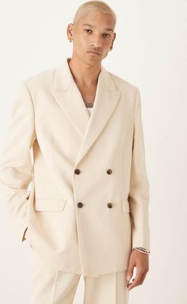 Asos relaxed square shoulder double breasted suit jacket with cotton in ecru-White