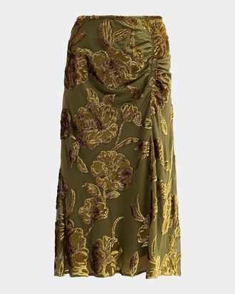 Johnny Was Endora Ruched Floral Velvet Midi Skirt