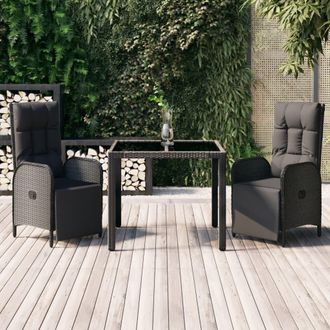 vidaXL Set Comedor De Jard&iacute;n 3 Pzas Con Cojines Rat&aacute;n Sint&eacute;tico Negro Vidaxl