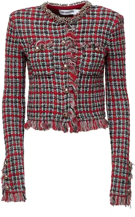 Self Portrait Red Check Frayed Knit Beaded Jacket