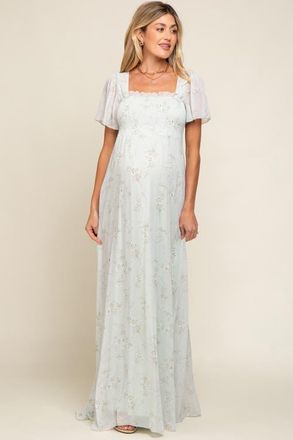 Pinkblush Floral Smocked Chiffon Maxi Dress in Mint Green at Nordstrom, Size Medium