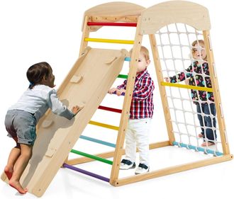 Costway Costway - Tri&aacute;ngulo De Escalada De Madera Para Ni&ntilde;os 6 En 1, Rampa De Doble Cara, Barras, Red Para Escalar Y Escalera, Juego De Escalada Montessori Pa