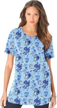 Roaman's Plus Size Cotton Ultimate Crewneck Tee in Blue Painterly Flowers at Nordstrom, Size Medium