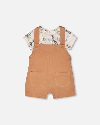 Deux par Deux Organic Cotton Jersey Bodysuit and Cotton Rib Shortall Set in Beige Zebra Print & Caramel at Nordstrom, Size 12M