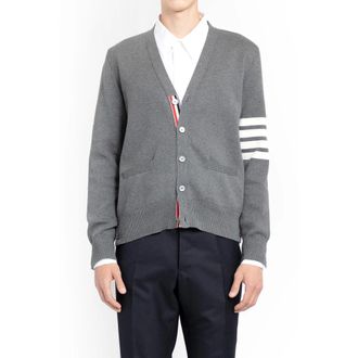 Thom Browne Cardigans, male, Gray, XL, Grey V-Neck Cotton Cardigan with 4-Bar Stitch