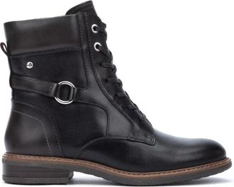 Pikolinos Zwarte Leren Enkellaarzen - Dames - Veterlaarzen - Zwart - 37 EU - Leer - Schoenen