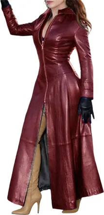 Generic Womens Faux Leather Trench Coat Classic Stand Collar Zipper Maxi Jacket Fashion Overcoat Wine Red XX-Large