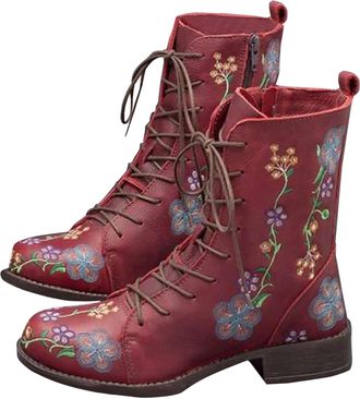 Generic Boho Embroidered Boots for Women, Vintage Flower Design Lace Up Leather Mid Heel Booties, Comfortable Round Toe Waterproof Mid Calf Casual Shoes