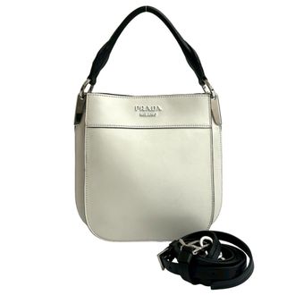Prada Black White Leather Handbag Shoulder Bag Tote Bag (Pre-Owned)