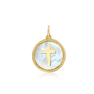 RS Pure by Ross-Simons Italian Mother-Of-Pearl Cross Charm in 14kt Yellow Gold