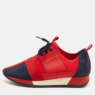 Carolina Herrera CH Carolina Herrera Size 39 Red/Navy Blue Fabric Leather and Suede Low Top Sneakers
