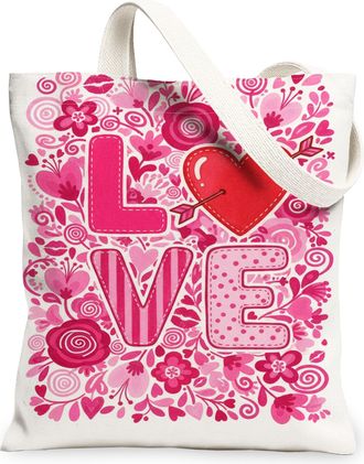 Generic Valentine Floral Canvas Tote Bags, Love Heart Pattern Reusable Grocery Bags, Spring Vintage Lightweight Washable Canvas for, Peach, 13x15 Inch
