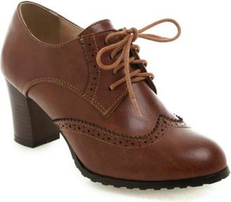 Generic Womens Round Toe Brogue Ankle Boots, Front Lace-Up Design and Chunky Heel for Retro Style,Brown,5.5 UK