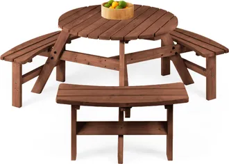 Best Choice Products 6-Person Circular Outdoor Wooden Picnic Table w/ 3 Built-In Benches, Umbrella Hole