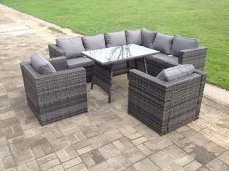 Fimous Rattan Corner Sofa Set Garden Furniture With 2 Chairs & Dining Table Right Hand in Dark Grey