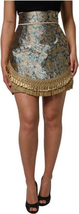 Dolce & Gabbana Blue Floral Jacquard Minirok met Kwastjes - Dames - Korte rokken - Veelkleurig - M - Katoen - Rokken