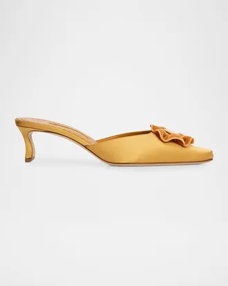 Manolo Blahnik 50mm Caulon Floral Applique Satin Mule Pumps