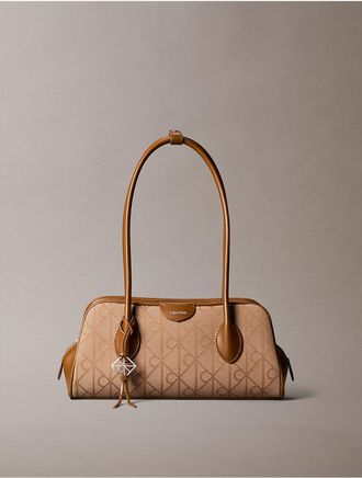 Calvin Klein Womens Allover Emblem Logo Jacquard Shoulder Bag - Brown