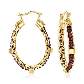 Ross-Simons Garnet Bead Hoop Earrings in 18kt Gold Over Sterling