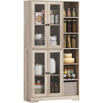 HOMCOM Homcom Alacena De Cocina, Mueble Auxiliar De Cocina Con 4 Puertas De Cristal Con Cierre Suave Y Estantes Ajustables, 90x35x172 Cm, Gris Claro