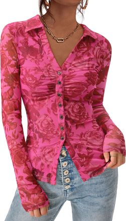 PrettyGarden Women Button Down Floral Shirts 2025 Fall Trendy Long Sleeve V Neck Ruched Fitted Mesh Blouse Tops Date Outfits, Pink Red Floral, XXL
