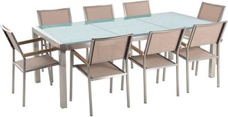 Beliani Garden Dining Set 8 Seater GROSSETO Cracked Glass Transparent/ Beige