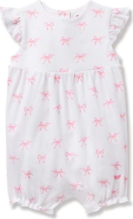 Petite Plume Bow Print Pima Cotton Romper in White/pink at Nordstrom, Size 12-18M
