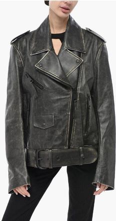 Off-white Vintage-Effect Leather Biker Jacket size 44
