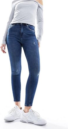 Only high rise ankle length skinny jeans in dark blue denim