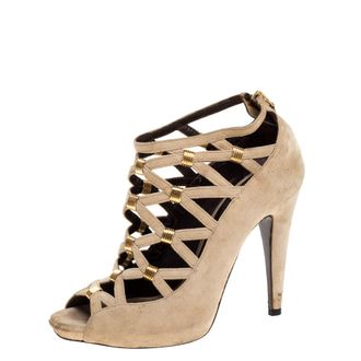 Roberto Cavalli Beige Suede Cage Ankle Boots