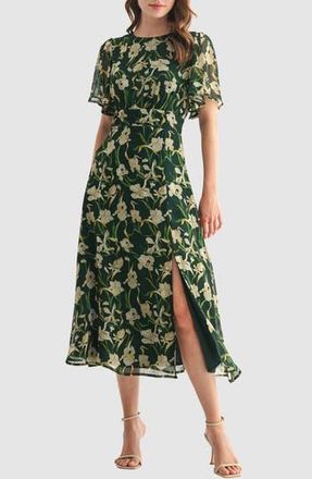 Lush Floral Short Sleeve Chiffon Midi Dress in Green Floral at Nordstrom Rack, Size Small
