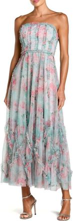 Mac Duggal Ankle Length Strapless Floral Ruffle Dress in Aqua Multi at Nordstrom, Size 10