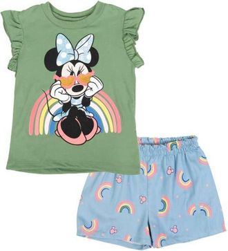 Disney Minnie Mouse 2-Piece Top and Shorts Set in Green Rainbow Minnie at Nordstrom, Size 18M
